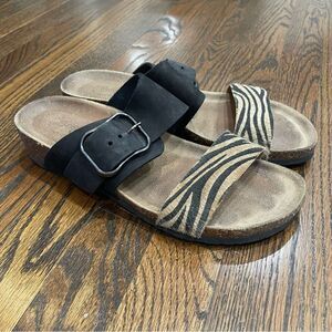 BOS. & CO. Black & Tan Zebra Striped Cowhide Leather Slide Sandals